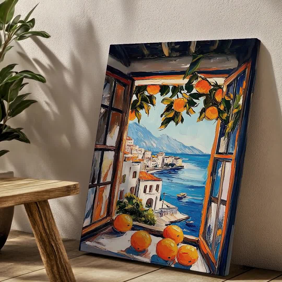 Mediterranean Orange Window Wall Art Coastal Sea View Framed